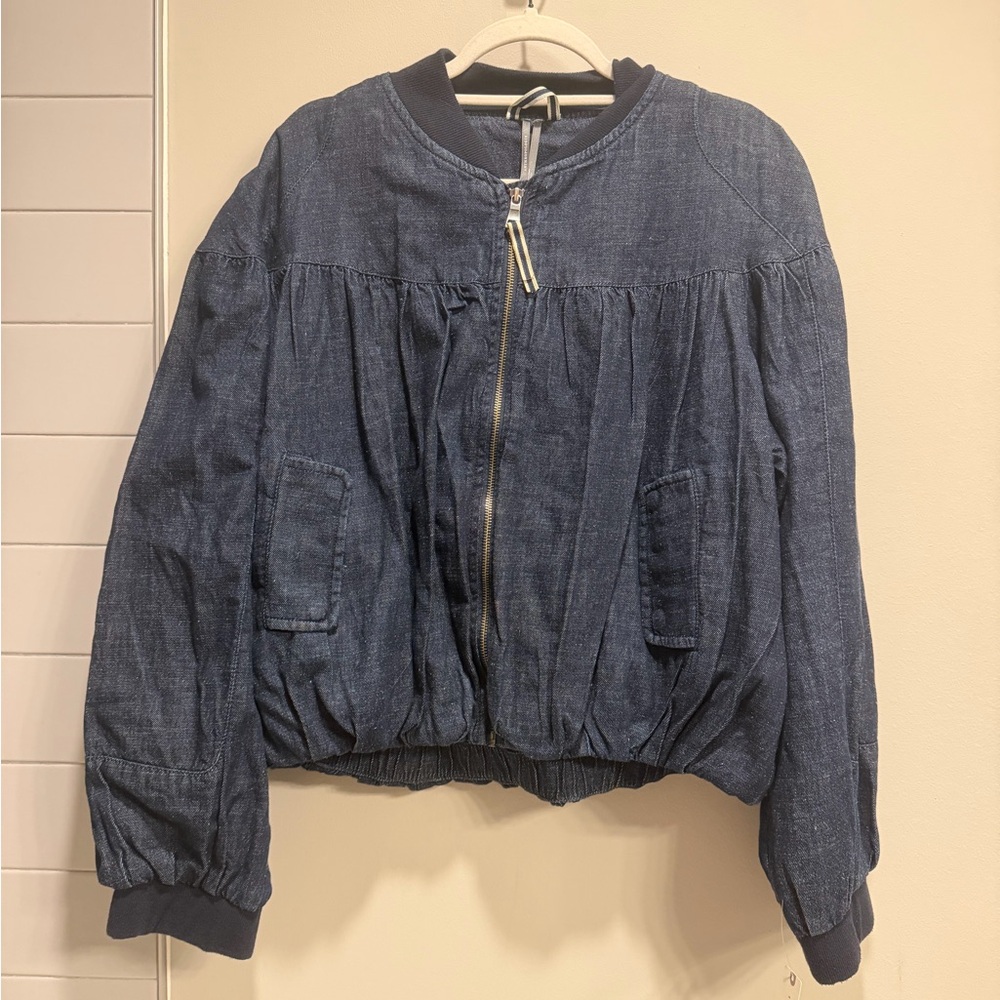 NWT Anthropologie Denim Bubble Bomber Jacket Size L - Picture 4 of 8